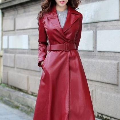 Deluxe Red Long Leather Trench Coat..