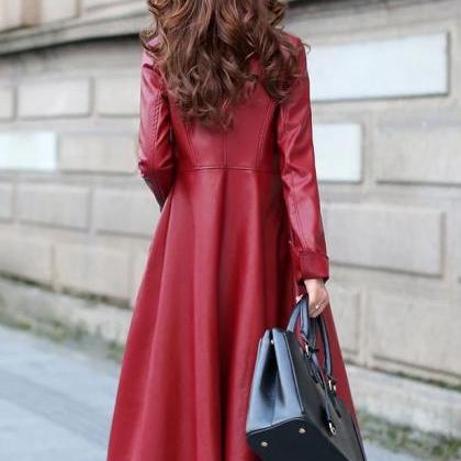 Deluxe Red Long Leather Trench Coat..