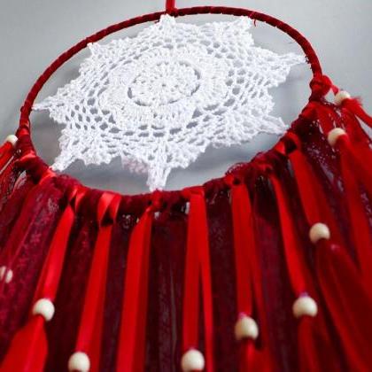 Red Dream Catcher Feathers and Lace..