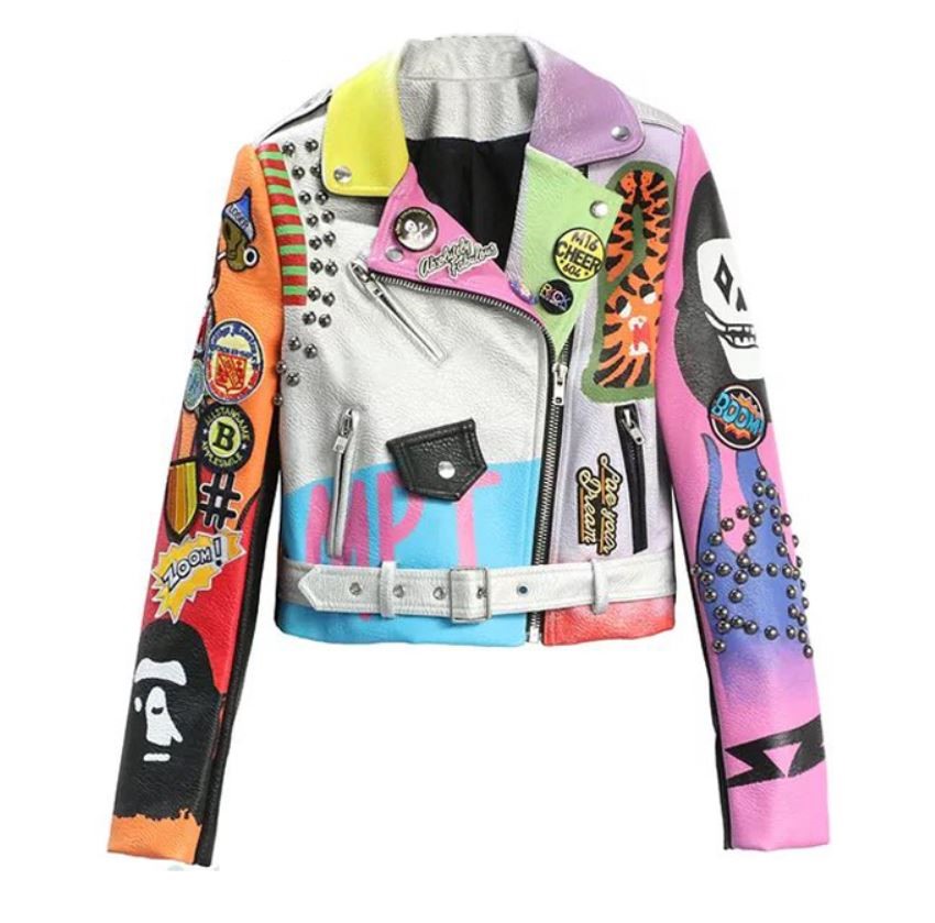 Colorful Patchwork Fashion Leather Jacket for Teenage Girls Multicolor Cropped Jacket for Women