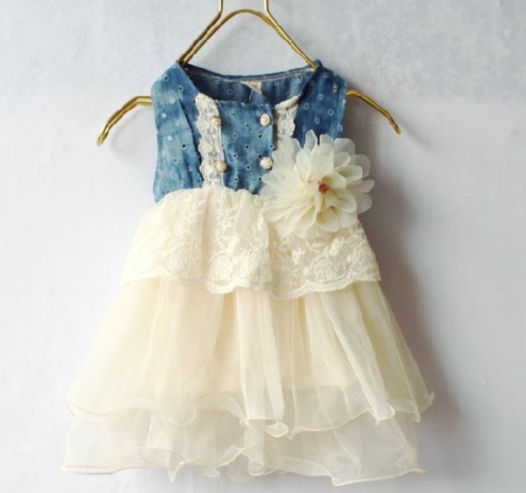 Girls Ivory Tutu Dress Denim Lace Waist Flower Corsage Denim White Girls Dress 9-12 months,12-24 months,2T,3T