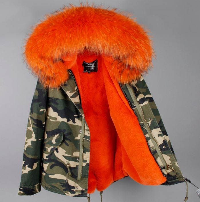 orange parka with fur hood