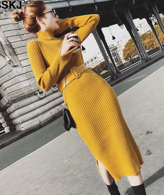 yellow turtleneck dress