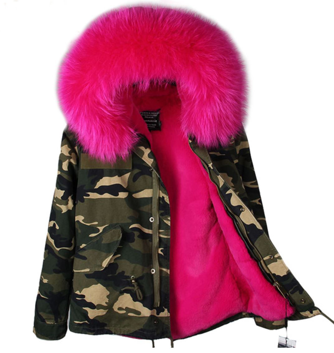 New Arrival RSS Boutique Hot Pink Coat Warm Camouflage Thick Parka Detachable Fox Fur Winter Jacket