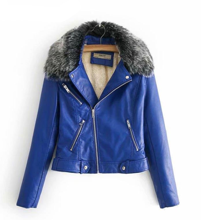 blue cropped leather jacket