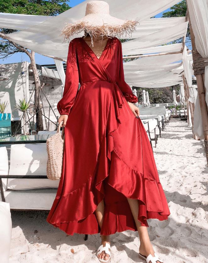 Solid Ruffled Red Silk Maxi Dress For 
