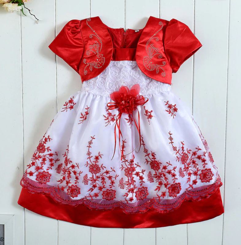 Embroidery Pretty Baby Girls Red Dresses with Free Bow Lacy Headband Red Tutu Dresses