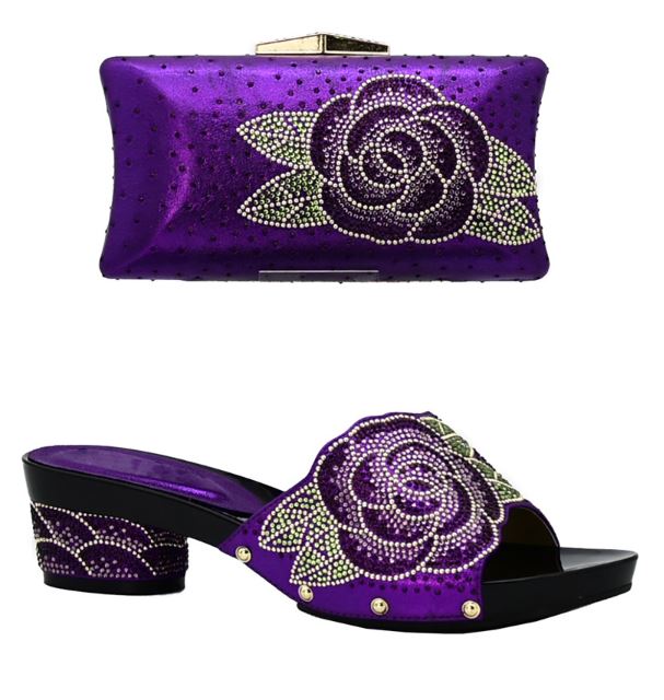 purple evening shoes and matching bag