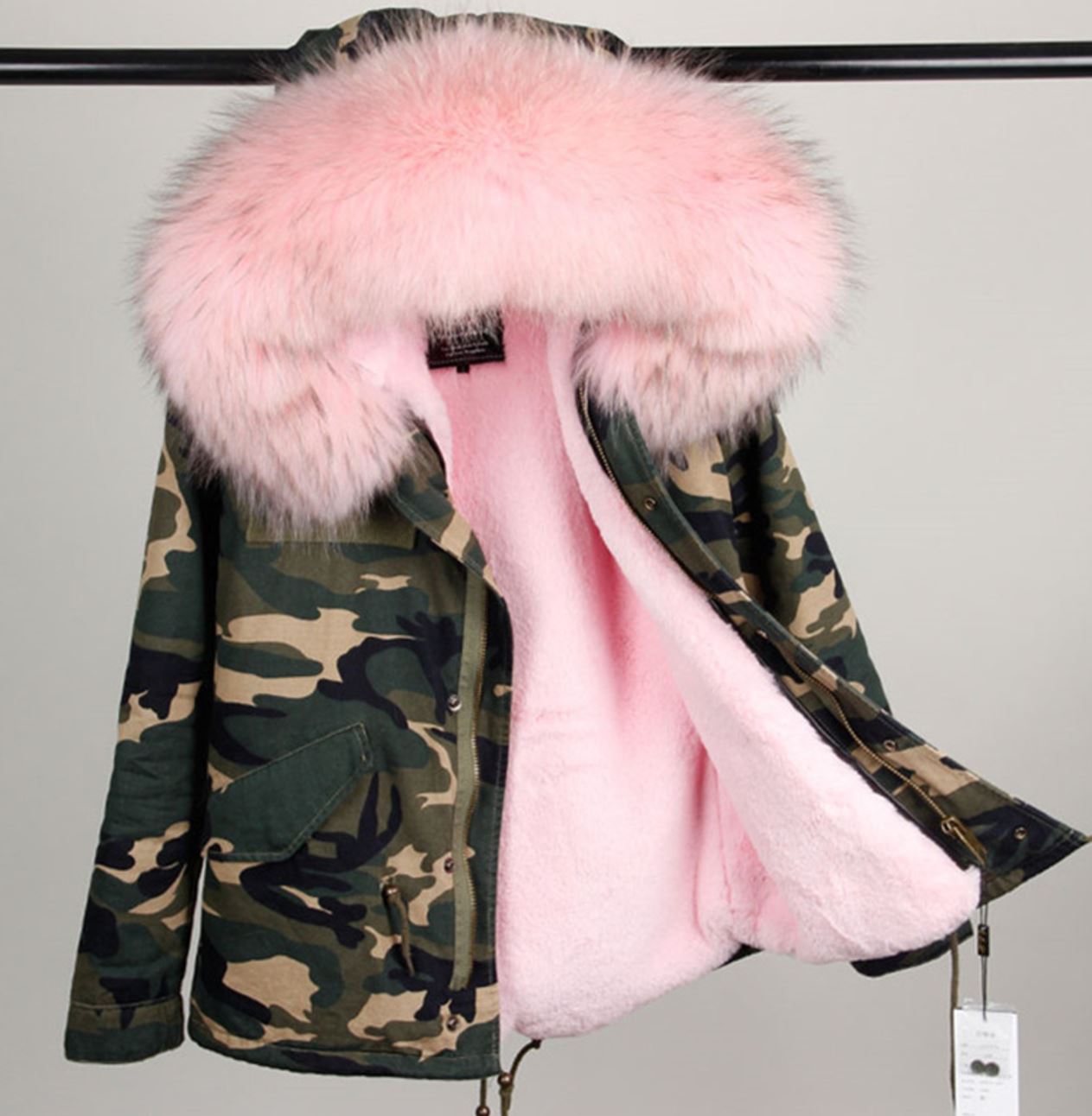 army coat with pink fur hood