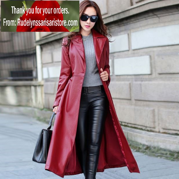 Deluxe Red Long Leather Trench Coats for Women Red Trench Coats Windbreaker Cool Looking Women Red Winter Overcoats