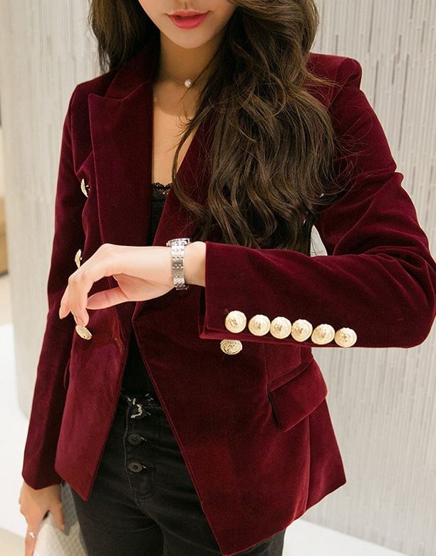 Ready for Shipping Burgundy Jackets Burgundy Blazers Red Velvet Coats for Women Winter Jackets with Golden Buttons