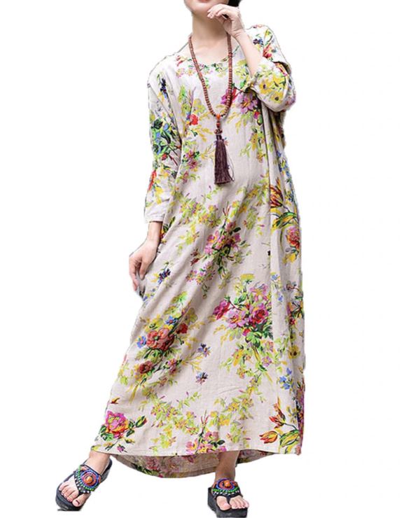 Beige Dresses Linen Maxi Dress for Women Summer Dress for Plus Size Women Printed Linen Dresses 7XL,8XL