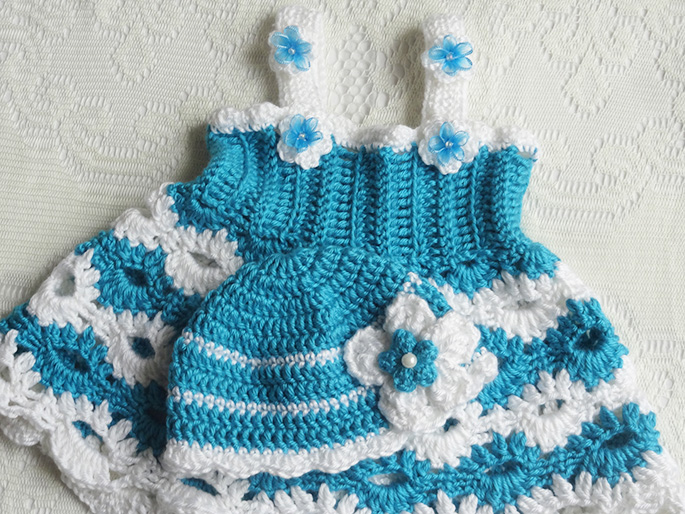 Crochet Aqua Blue Color Newborn Set for 1-4 Months Little Girls-Newborn Photography Dress with Matching Hat