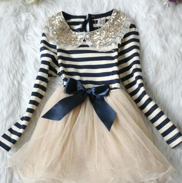 Pretty Navy Blue Dress for Girls with Free Matching Bow Headband for Little Girls Golden Collar Stretchable Cotton Glittered Ivory Tulle Girls Costume Dress