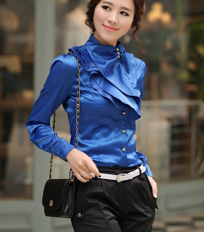 blue ruffle blouse