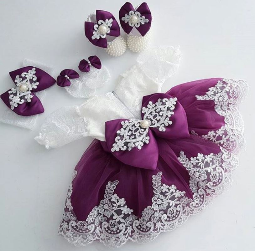 READY TO SHIP Luxury Christening Purple Dress for Little Princesses with FREE Bow Headband