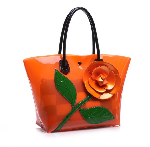 Orange Beach Bags Floral Transparent Totes PVC Plastic Totes Handbags for Women