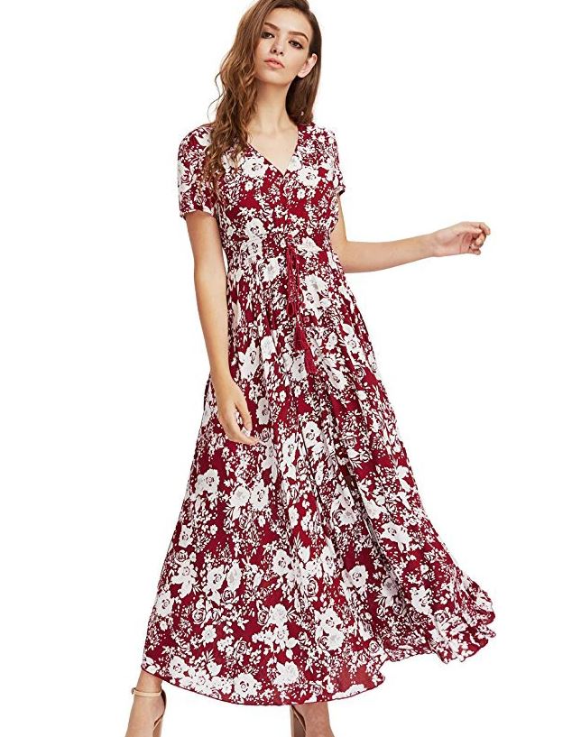 Free Shipping Fashion Burgundy Floral Dress Button Up Closing Burgundy Maxi Dress for Women FREE SHIPPING Red Dresses
