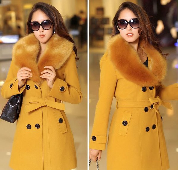 Beautiful Faux Fur Collar Golden Yellow Overcoats for Women Woolen Winter Coat Dress READY FOR SHIPPING Yellow Trench Coats for Women