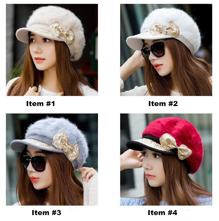 Newsboys Hats with Cute Bow Wool Warm Soft with Rabbit Hair