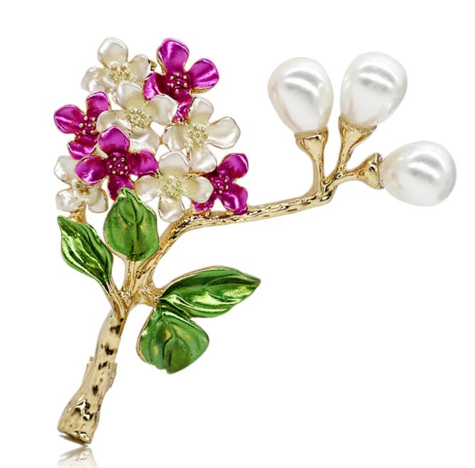 Floral Brooch Magenta Pink Crystals Pearl Brooch for Wedding Crystal Beads Brooch Bridesmaids Brooch 3 Pearl Buds