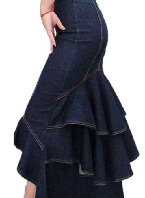Denim Skirt Long Dove Tail Ruffled Mermaid Slim Skirt Long Luxury