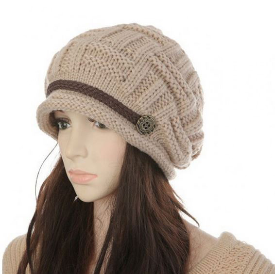 Rsslyn Knitted Beanies for Women with Button Beige Knitted Hats for Women Handmade Wool Knitted Beige Beanies