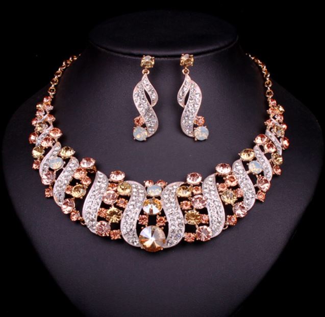 Champagne Bridal Jewelry Sets Statement Choker Necklace Earrings Wedding Prom