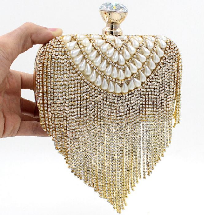 Gold Clutch Evening Bridal Shower Gift Clutch Vintage Pearl Rhinestone Tassel Shoulder Bag