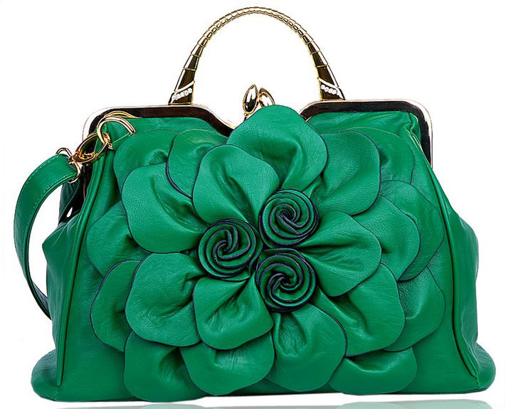 Green Big Flower Handbags for Women Leather Bags