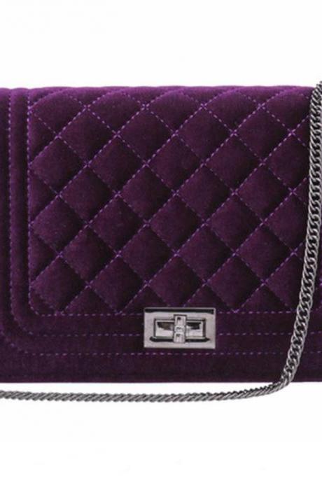 Purple Shoulder Bag Quilted with Chain Velvet Material Durable Bags for Women