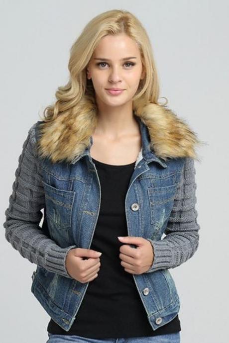 Women's Denim Jacket Ready to Ship Removable Lambs Fur Collar Teen Girls and Womens Jacket