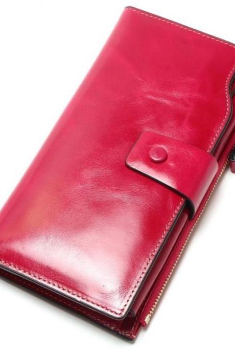 Wallet for Women Pink Multifunctional Purse Genuine Leather Long Pink Wallet