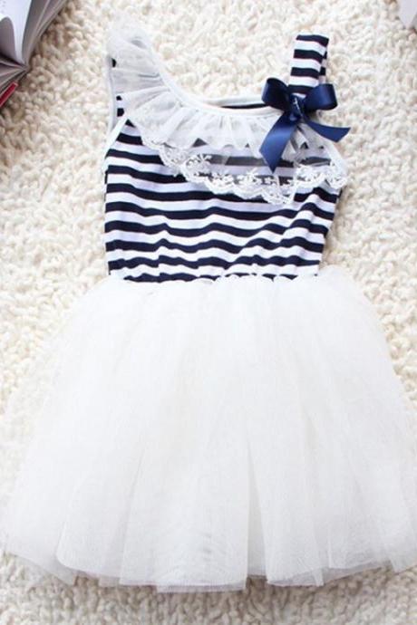 Rsslyn Fashion White Dress Striped Off Shoulder Baby Dress White Laced Tutu Dress