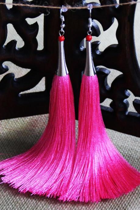 Womens Pink Earrings Vintage Long Silk Thread Tassels Eardrop Fashion Ear Ornaments