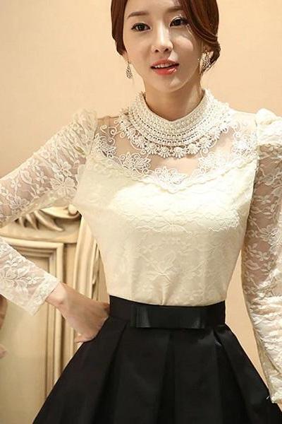 White Blouse for Chic Women Long Sleeve Summer White Tops Lace Ruffled Blouses