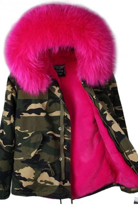 Green Parka For Women With Homogeneous Hood With Raccoon Fur Camouflage Parkas
