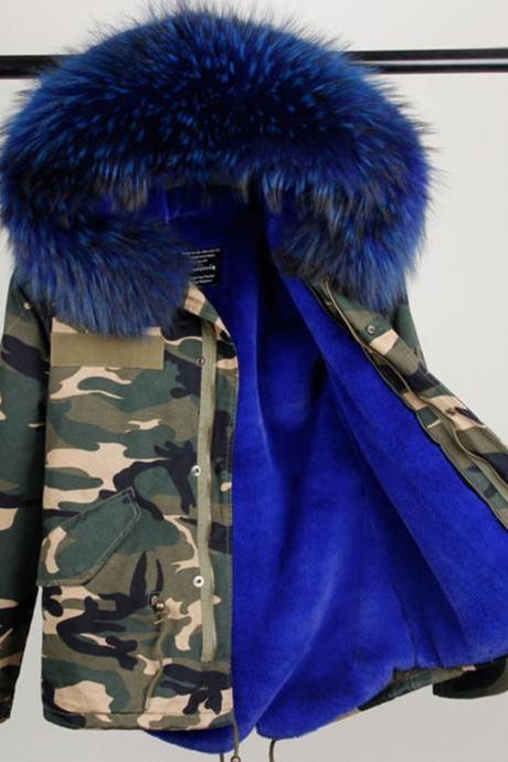 Blue Parka For Women With Huge Very Soft Hood With Raccoon Fur Camouflage Parkas