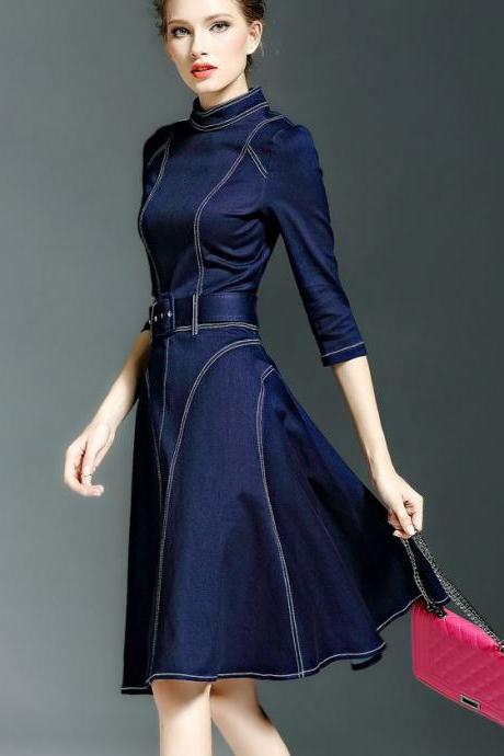 US SIZE 8 Denim Dress High Quality Clothing for Women with Denim Belt Mandarin Collar