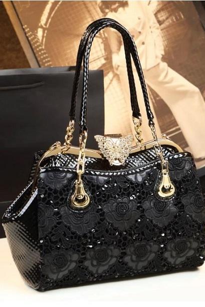 Rsslyn Golden Butterfly Hasp Black Bag for Women High Embroidery Lacy Genuine Leather Shoulder Bags