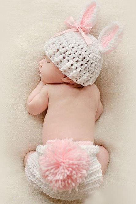 Baby Shower Gifts Rabbit Outfit Preemie Baby Hats Newborn hats with Matching Diaper Crochet Knitted Hats Handmade