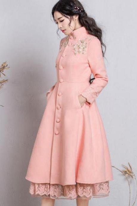 Pink Overcoats for Women Pink Dress Coats Ruffled Winter Dress with Stand Collar Warm, Thick Coats