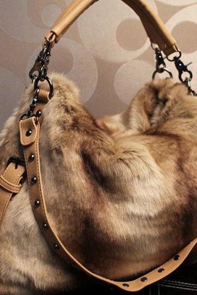 Brown Large Bag Multipurpose Fashion Faux Fur Purse Tote Bag For Women
