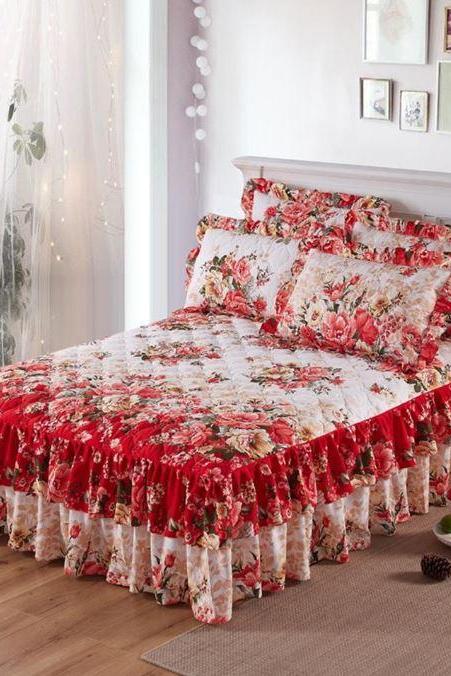 Graceful Home Red Skirts and Pillow Covers Bed Cover Bedding Set-Quilted Bedsheet Fitted Two-Layer Bed Cover Wedding Gift