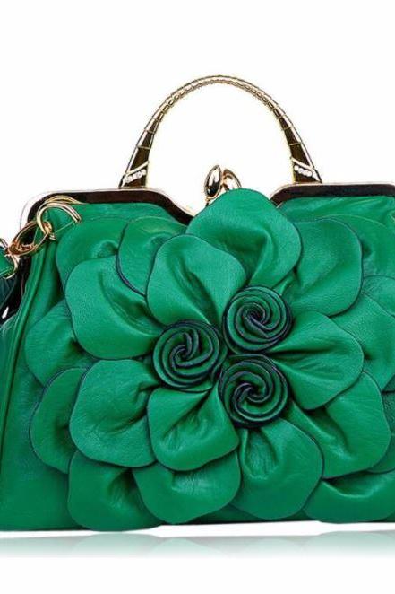 Luxury Dark Green Purse Orange Shoulder Bag Fashion Show Big Flower Handbags for Women Leather Bags