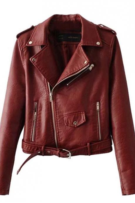Red Coat Jacket PU Leather Sleeve Fashion Wool Coat for Women Motorcycle Cropped Jackets