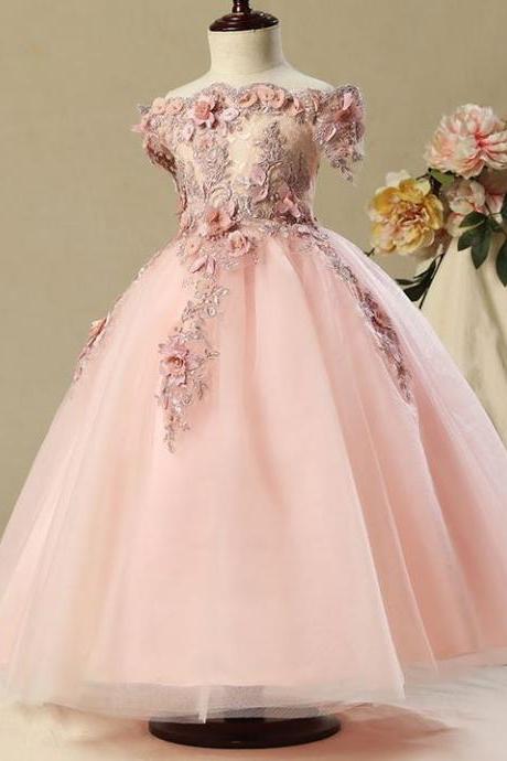 Pink Tutu Dress Girls Formal Wear High Quality Heavy Embroidery Flower Girls Pageant Pink Dress