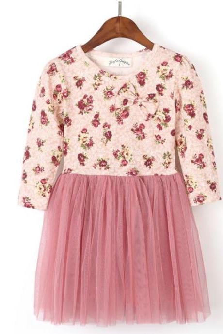3T Floral long Sleeve Dress Pink Dress Dusty Purple Dress Spring Fall Outfit Thick Tulle High Quality Toddler Dress
