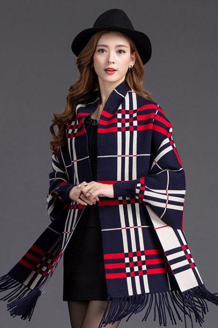 Navy Blue Loose Outerwear Capes Oversize Knitted Cashmere Navy Blue Poncho Capes Lattice With Tassels
