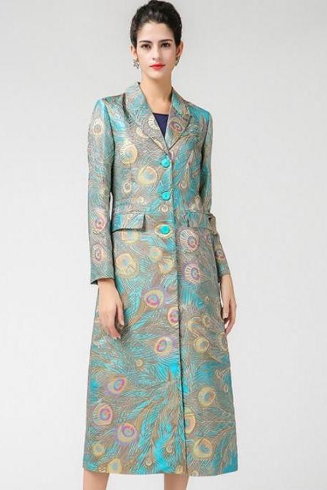 Plus Sizes 4XL,5XL Silk Jacquard Peacock Pattern Luxury Trench Coats for Women Peacock Coats Peacock Color